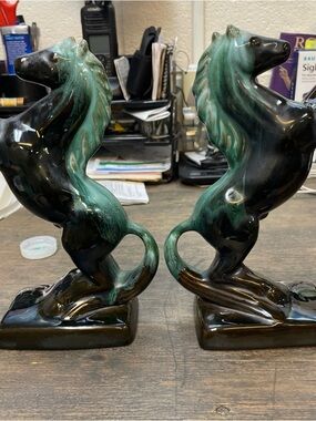 Green and Black Ceramic Horse Sculpture Pair - Home Art
